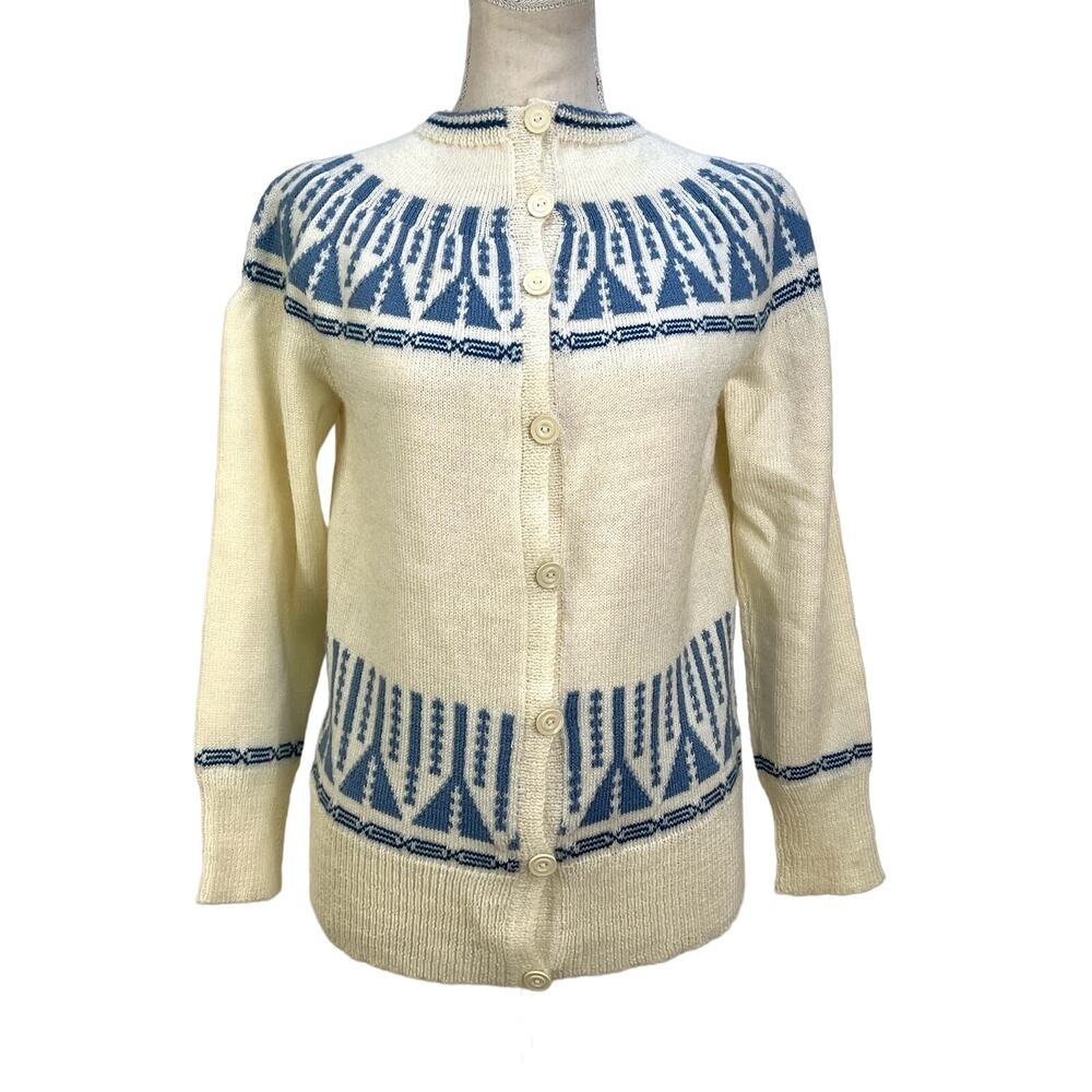 Vintage Cardigan Handmade Knit Fairisle Acrylic Jeanne Legpage Ivory Blue Winter